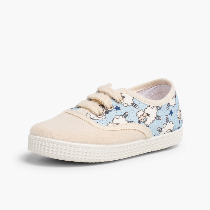 Zapatillas Cordones Lona Estampadas Animales Celeste