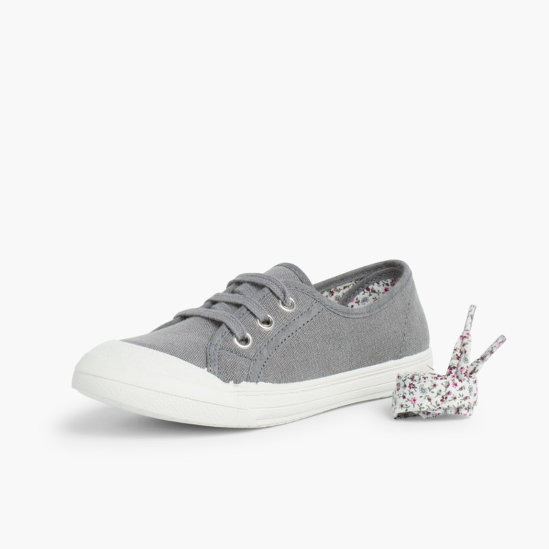 Zapatillas Tela Punta Goma Cordones Gris