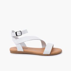 Sandalias niña y mujer tira cruzada pulsera hebilla Blanco