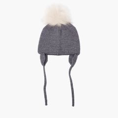 Gorro lana orejeras y pompón pelo gris medio
