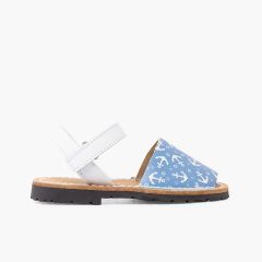 Menorquinas bicolor anclas niños tira adherente Blanco y Azul Jeans