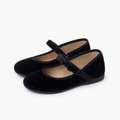 Merceditas niña terciopelo brillo botón Negro