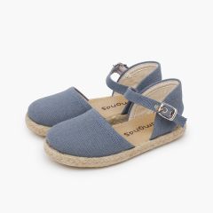 Alpargatas lino suela plana hebilla Azul Francia