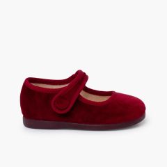 Merceditas velvet tira adherente botón Burdeos