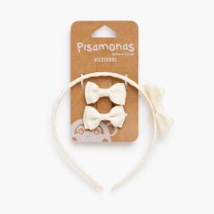 Pack pelo niña diadema lazo y lacitos Nata