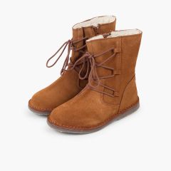 Botas borreguito niña cordones cruzados cremallera Camel