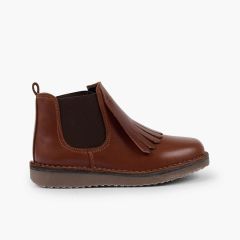Botines piel niña lengüeta flecos Marrón