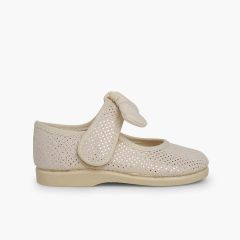 Mercedita con puntitos brillantes y lazo tira adherente    Beige