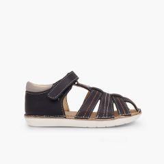Sandalias Piel Niño con tira adherente Cangrejera Azul Marino