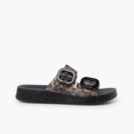 Sandalias habana doble hebilla animal print Negro