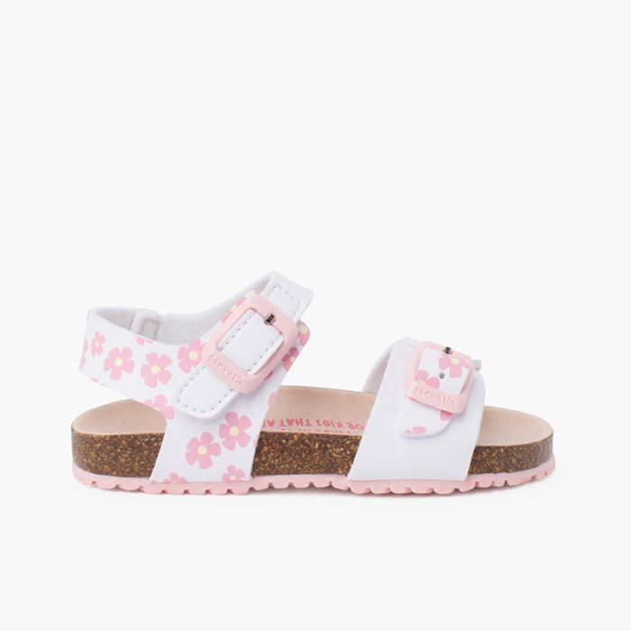 Sandalias niña con flores, doble hebilla y suela bio