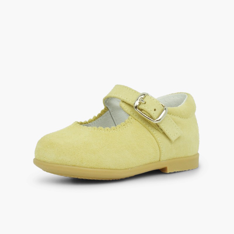 Merceditas niña de serraje con hebilla y piso antideslizante