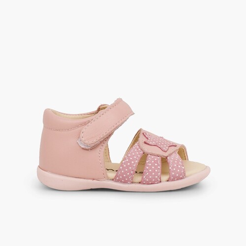 Sandalias Piel Primeros Pasos Niña tira adherente y Estrella Rosa