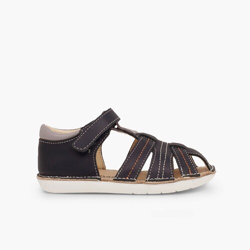 Sandalias Piel Niño con tira adherente Cangrejera Azul Marino