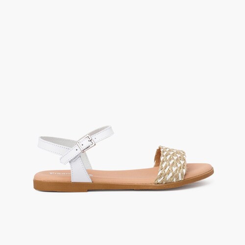 Sandalias niña y mujer tira trenzada yute Blanco