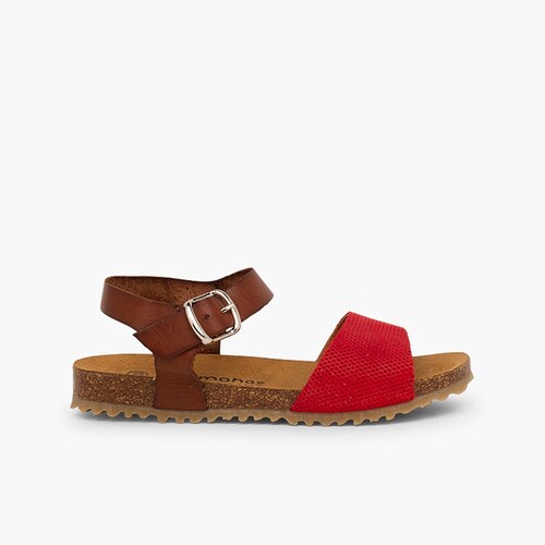 Sandalias niña bio cuero niña y serraje grabado Rojo