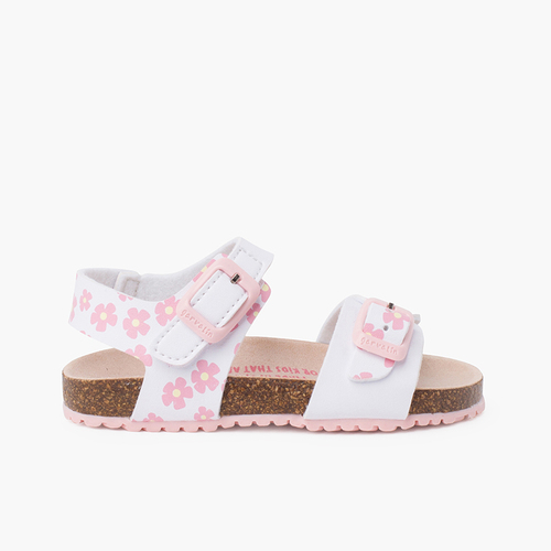 Sandalias niña con flores, doble hebilla y suela bio Blanco