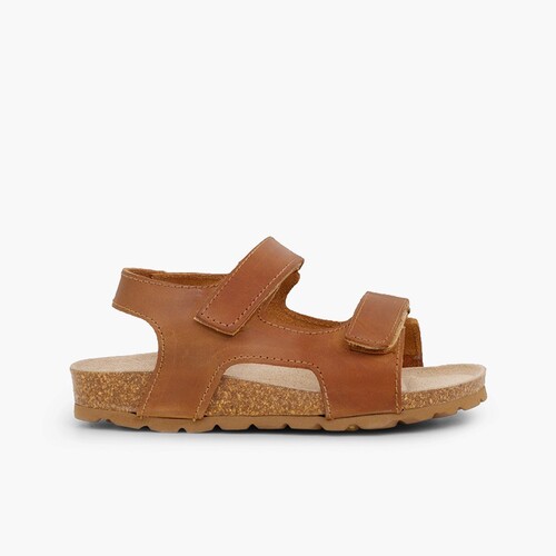 Sandalias Piel Bio Niño Doble tira adherente    Cuero