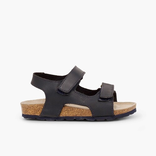 Sandalias Piel Bio Niño Doble tira adherente    Azul Marino