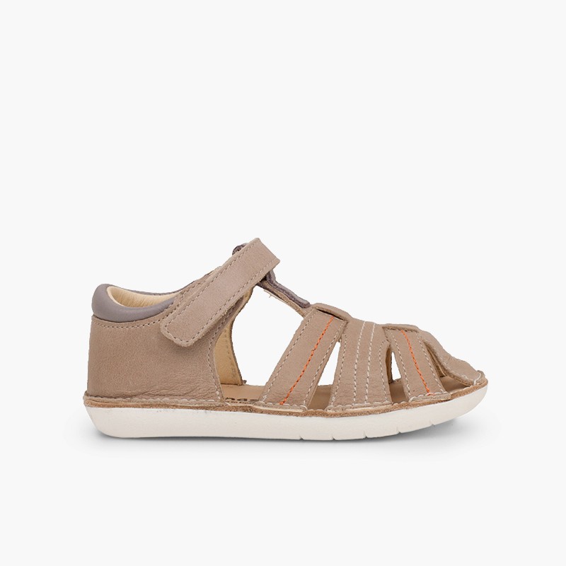 Sandalias Piel Niño con tira adherente Cangrejera Topo
