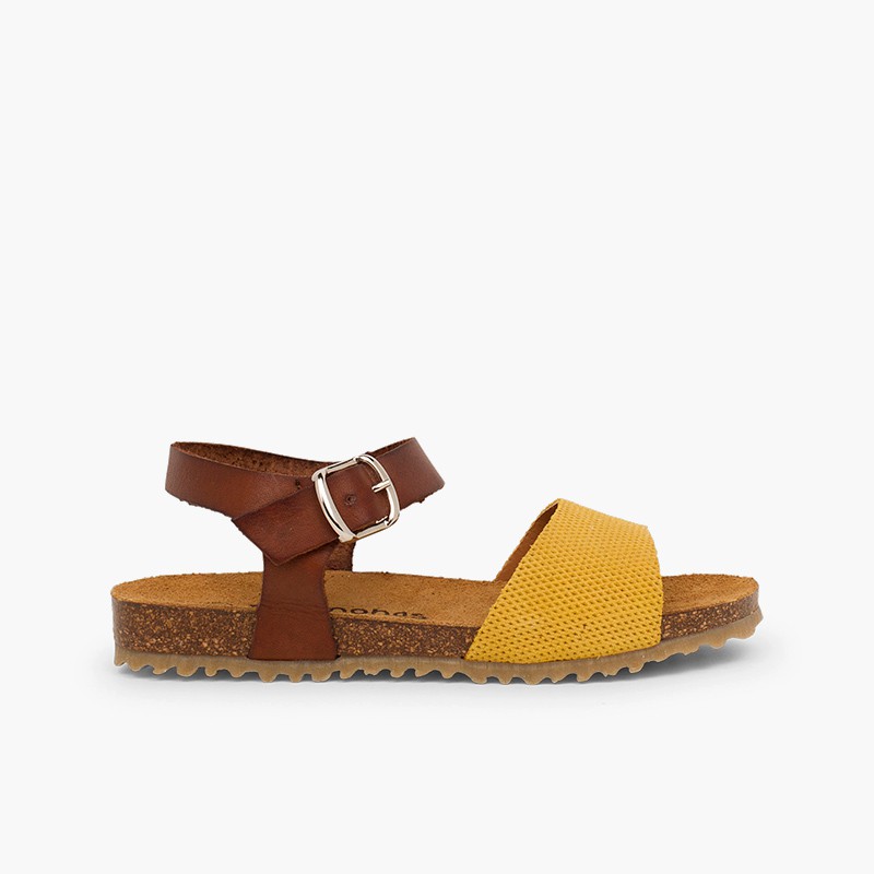 Sandalias niña bio cuero niña y serraje grabado Amarillo