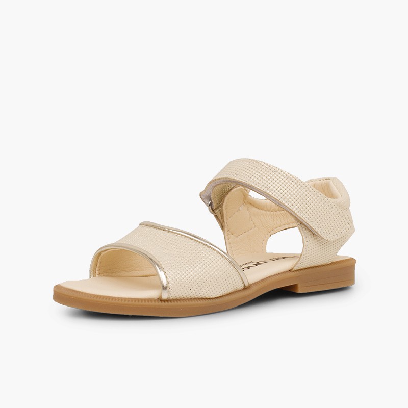 Sandalias niña piel grabada brillante tira adherente    Beige