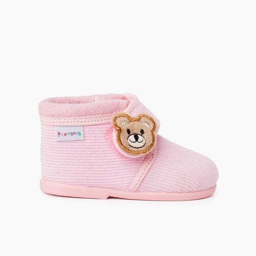 Zapatillas casa botita pana oso niños Rosa